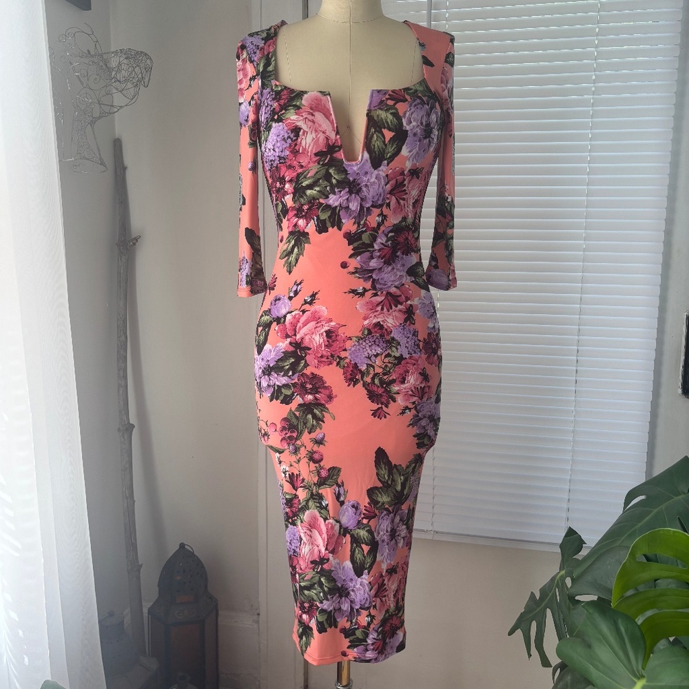 Floral Coral Bodycon Long Sleeve Dress with Plunge Neckline